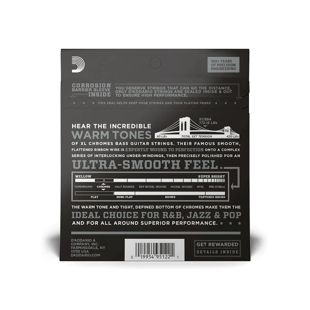 DAddario ECB84 Chromes Bass Guitar Strings Custom Light 40100 Long Scale