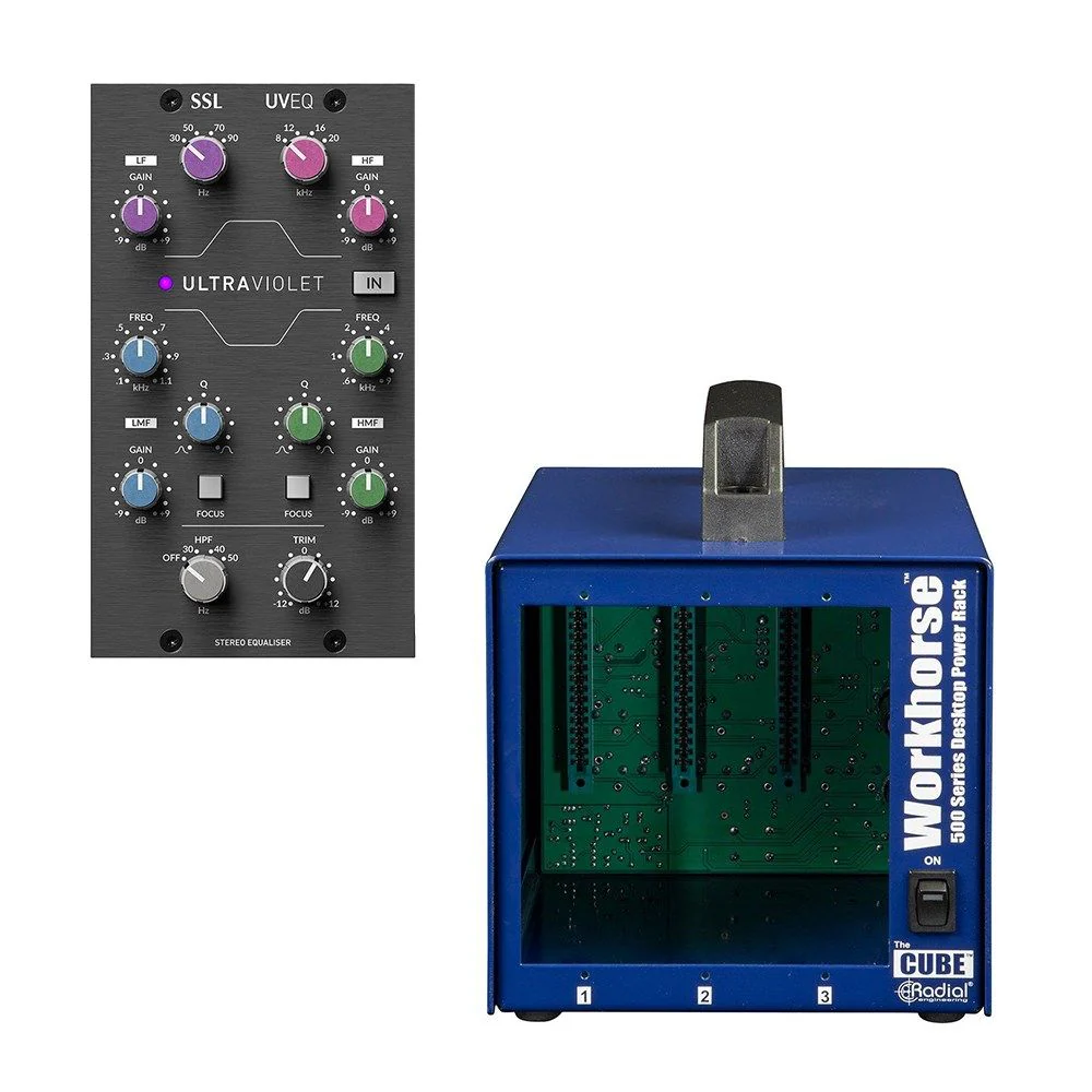 Solid State Logic SSL 500 Series Pack w/ UV EQ Module & Radial Cube 3-Slot Power Rack